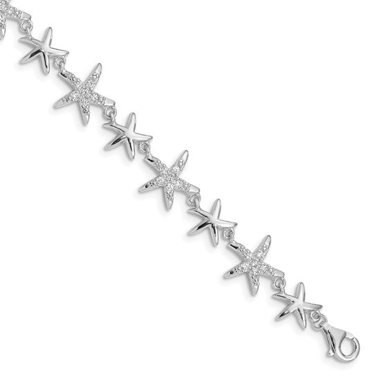 Sterling Silver Rhodium Plated Star Fish CZ Bracelet