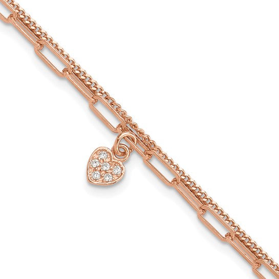 Rose Gold Filled Sterling Silver Double Paperclip Bracelet Crystal Heart Set