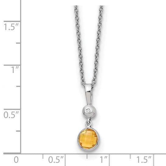 Sterling Silver White Gold Plated Checker Board Cut Natural Citrine & Diamond Cable Chain Set