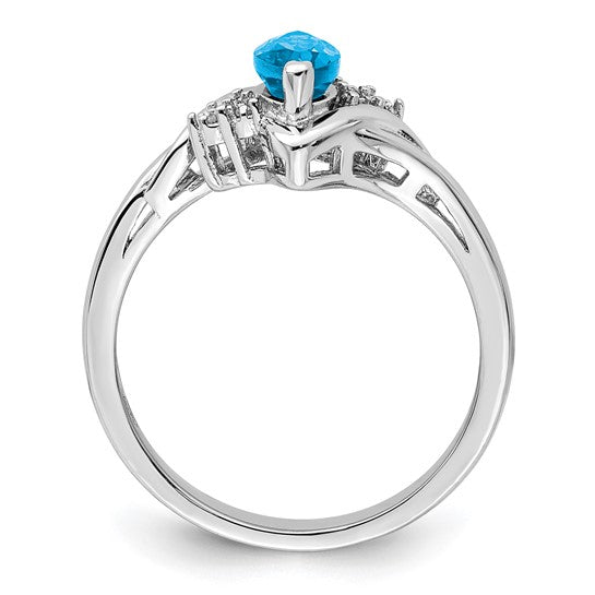 White Gold Filled Sterling Silver Marquise Blue Topaz & Diamond Ring