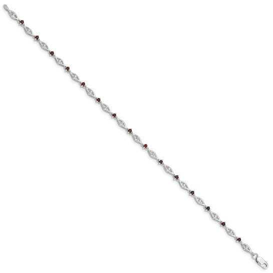 Sterling Silver White Gold Natural Diamond & Garnet Bridge Bracelet