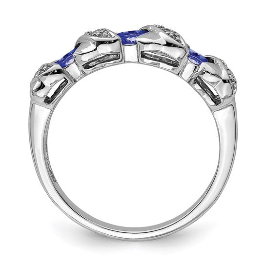 White Gold Filled Sterling Silver Natural Tanzanite & Diamond 3 Stone Ring
