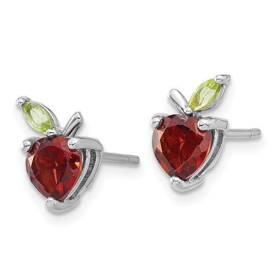 Sterling Silver White Gold Filled Natural Garnet & Peridot Apple Earrings