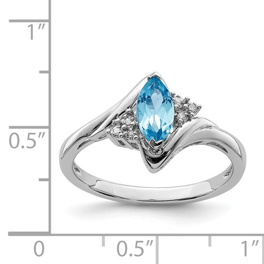 White Gold Filled Sterling Silver Marquise Blue Topaz & Diamond Ring