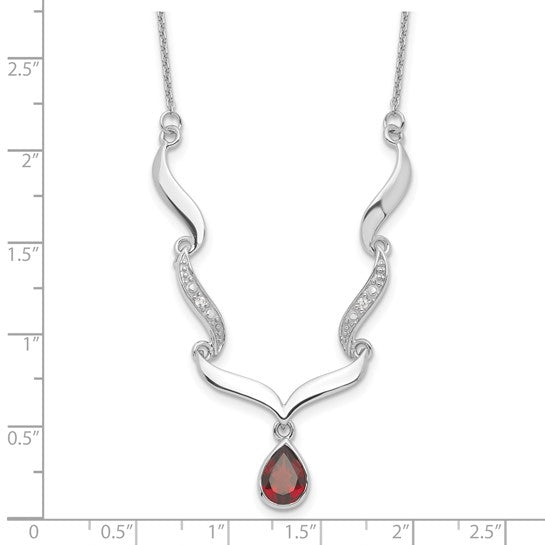 Sterling Silver Rhodium Plated Zig Zag Bezel Natural Garnet Necklace