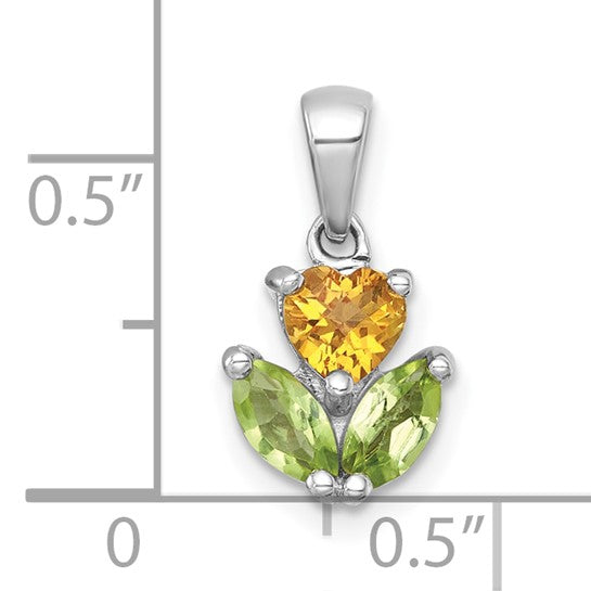 White Gold Plated Sterling Silver Natural Citrine & Peridot Flower Pendant