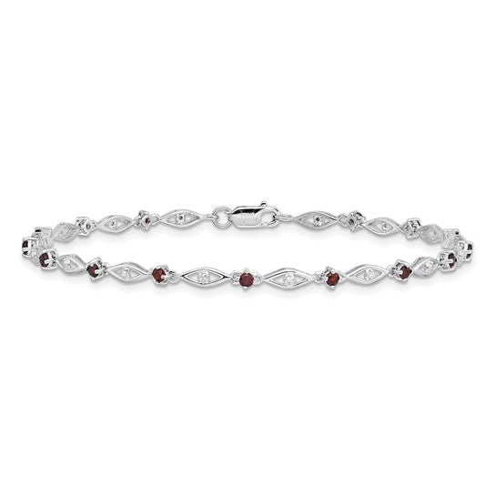 Sterling Silver White Gold Natural Diamond & Garnet Bridge Bracelet