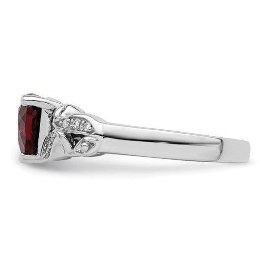 Sterling Silver Rhodium Plated Natural Garnet & Diamond Heart Fancy Cut Ring