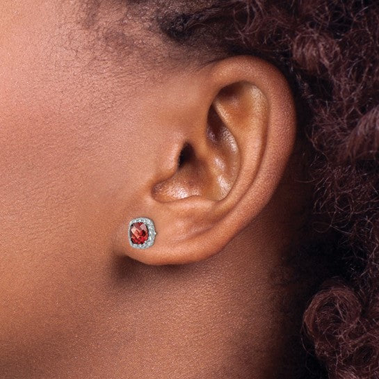Sterling Silver Garnet & White Sapphire Square Halo Earrings