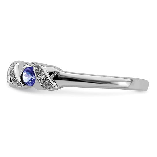 White Gold Filled Sterling Silver Natural Tanzanite & Diamond 3 Stone Ring