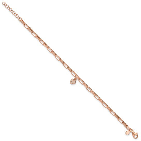 Rose Gold Filled Sterling Silver Double Paperclip Bracelet Crystal Heart Set