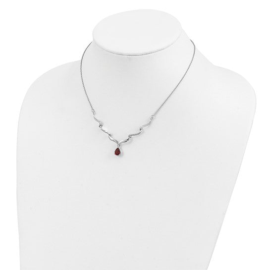 Sterling Silver Rhodium Plated Zig Zag Bezel Natural Garnet Necklace