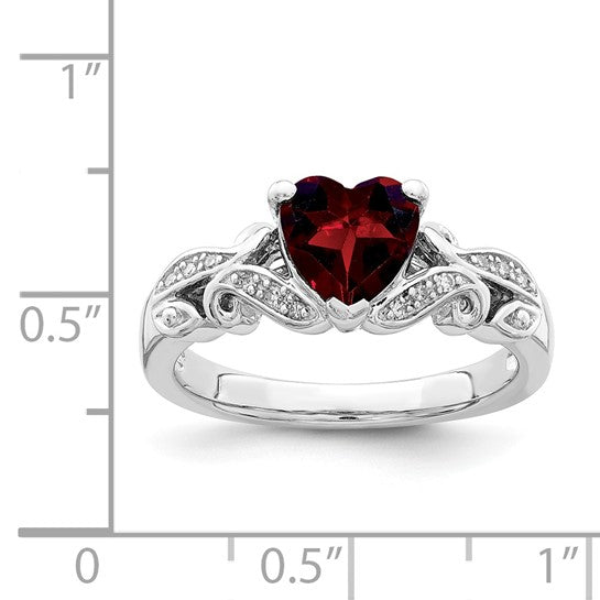Sterling Silver Rhodium Plated Natural Garnet & Diamond Heart Fancy Cut Ring