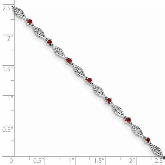Sterling Silver White Gold Natural Diamond & Garnet Bridge Bracelet