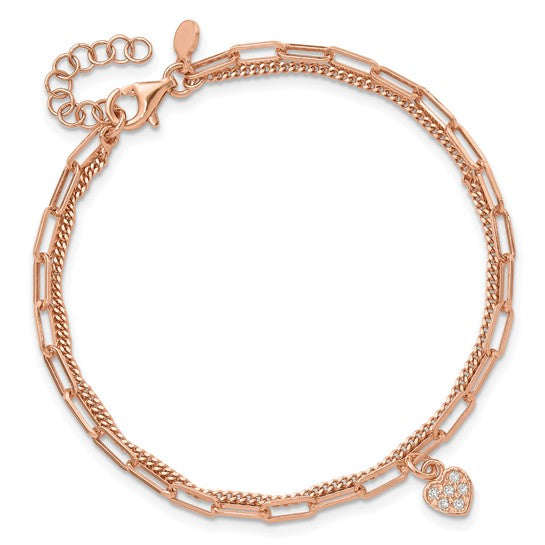 Rose Gold Filled Sterling Silver Double Paperclip Bracelet Crystal Heart Set