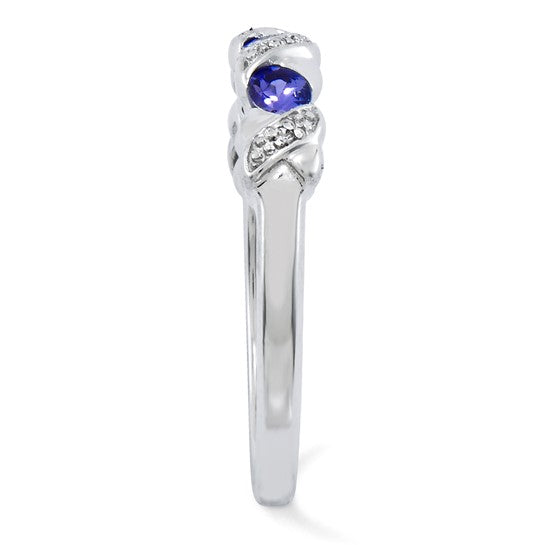 White Gold Filled Sterling Silver Natural Tanzanite & Diamond 3 Stone Ring