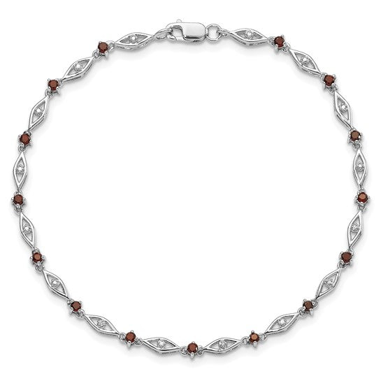 Sterling Silver White Gold Natural Diamond & Garnet Bridge Bracelet