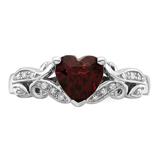 Sterling Silver Rhodium Plated Natural Garnet & Diamond Heart Fancy Cut Ring