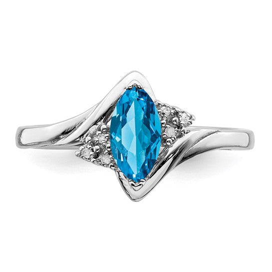 White Gold Filled Sterling Silver Marquise Blue Topaz & Diamond Ring