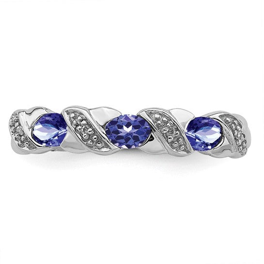 White Gold Filled Sterling Silver Natural Tanzanite & Diamond 3 Stone Ring