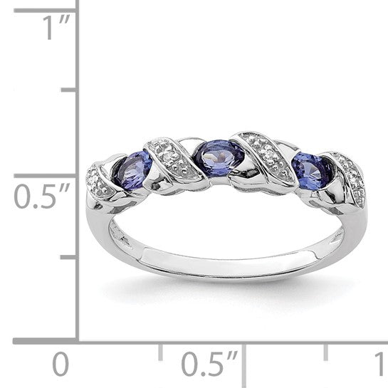 White Gold Filled Sterling Silver Natural Tanzanite & Diamond 3 Stone Ring