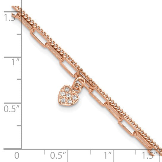Rose Gold Filled Sterling Silver Double Paperclip Bracelet Crystal Heart Set