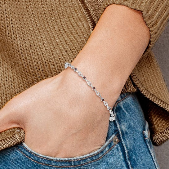 Sterling Silver White Gold Natural Diamond & Garnet Bridge Bracelet
