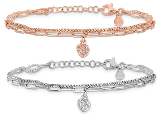 Rose Gold Filled Sterling Silver Double Paperclip Bracelet Crystal Heart Set
