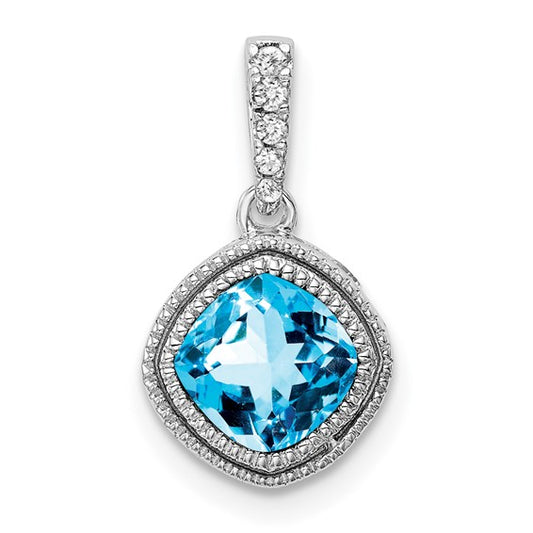 10K White Gold Cushion Blue Topaz With Diamond Accent