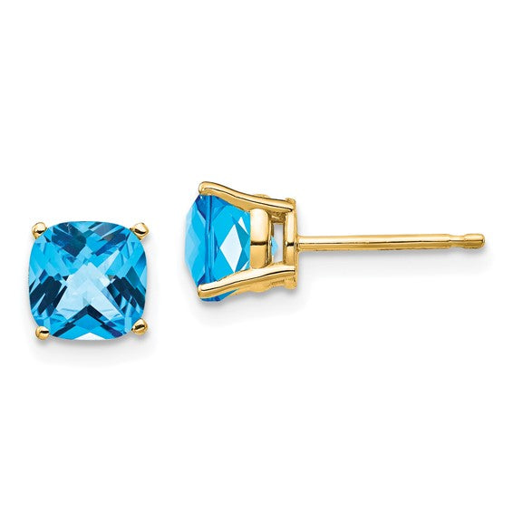 14K Yellow Gold 6mm Cushing Cut Blue Topaz Stud Earrings