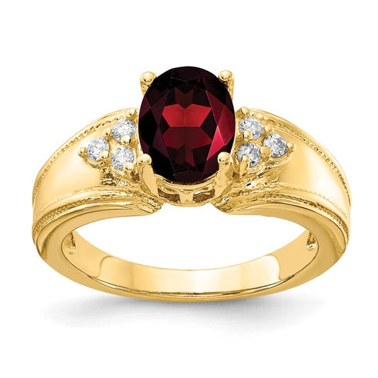 14K Yellow Gold Thick Banded Natural Garnet & Diamond Ring