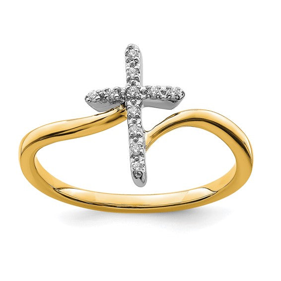 14K Yellow Gold Two Tone Diamond Cross Ring