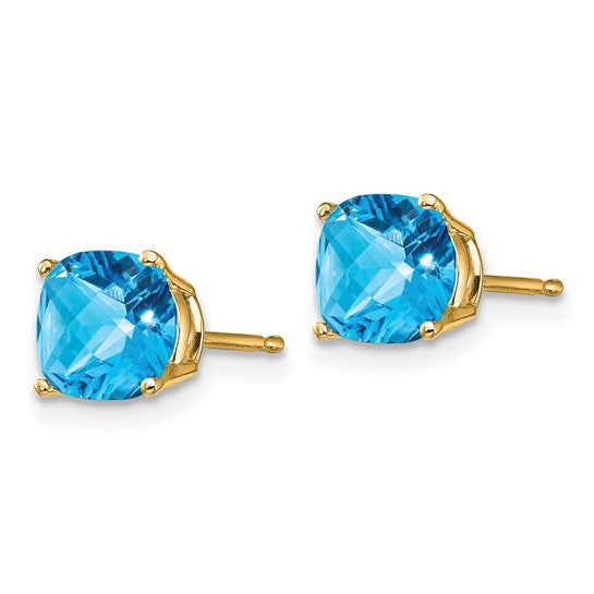 14K Yellow Gold 6mm Cushing Cut Blue Topaz Stud Earrings
