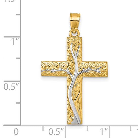 14K Gold Vine Cross Pendant Two Tone