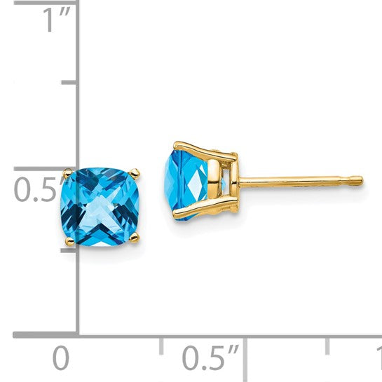 14K Yellow Gold 6mm Cushing Cut Blue Topaz Stud Earrings