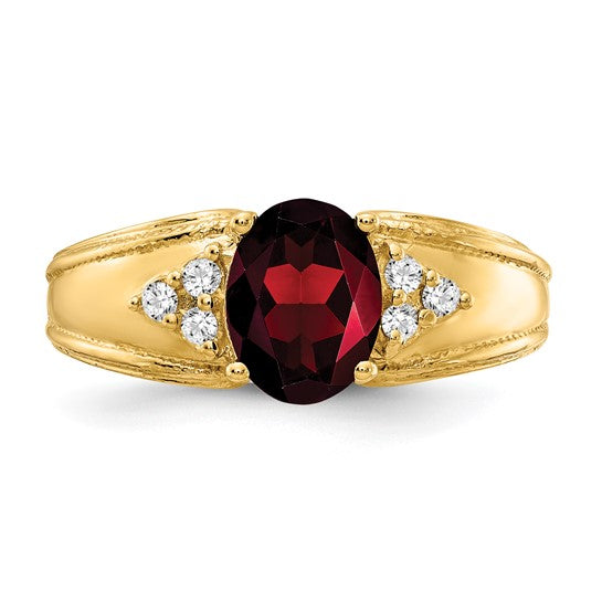 14K Yellow Gold Thick Banded Natural Garnet & Diamond Ring