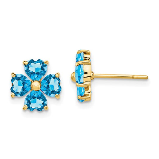 14K Yellow Gold 4 Stone Heart Cut Blue Topaz Earrings
