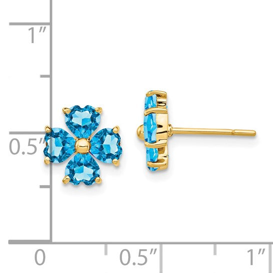 14K Yellow Gold 4 Stone Heart Cut Blue Topaz Earrings