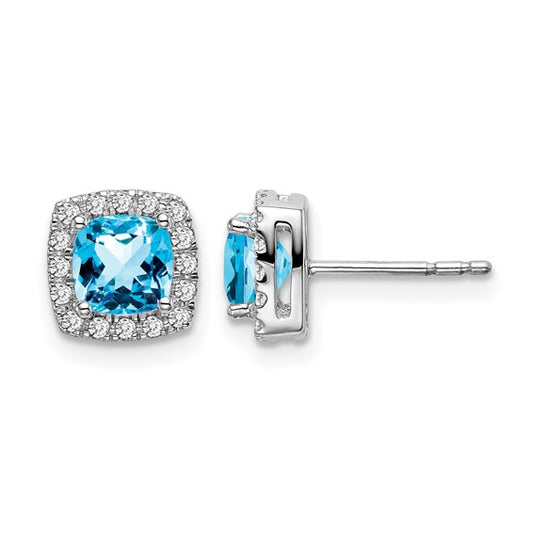 14K White Gold 1 Carat Square Blue Topaz With Diamond Halo