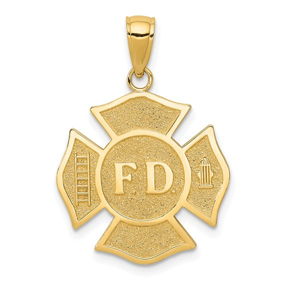 10K Yellow Gold Firefighter Maltese Cross Shield Pendant