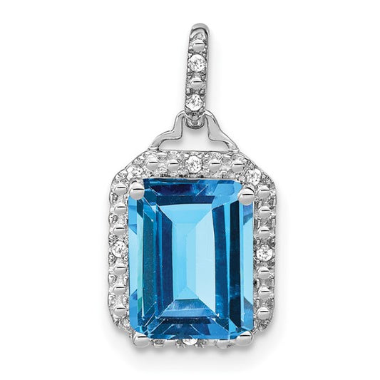 10K White Gold 5 Carat Emerald Cut Blue Topaz & Diamond Halo Pendant