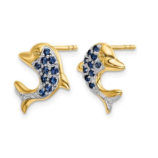 14K Yellow Gold Natural Sapphire & Diamond Dolphin Earrings