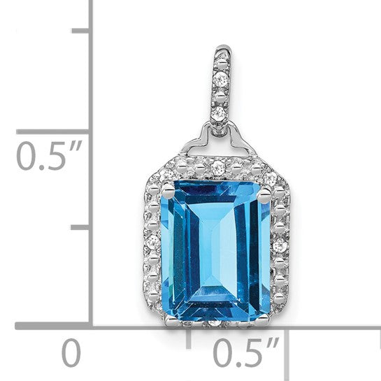 10K White Gold 5 Carat Emerald Cut Blue Topaz & Diamond Halo Pendant