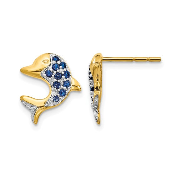 14K Yellow Gold Natural Sapphire & Diamond Dolphin Earrings