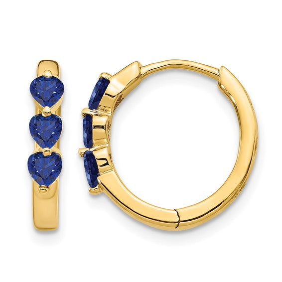 14K Yellow Gold Heart Lab Grown Sapphire Hoop Earrings