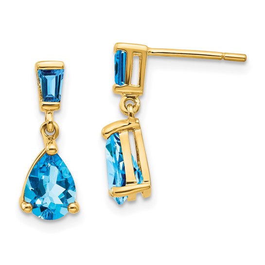 14K White/Yellow Gold Baguette 2 Stone Blue Topaz Earrings