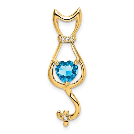 10K White/Yellow Gold 1 Carat Blue Topaz Cat Pet Pendant