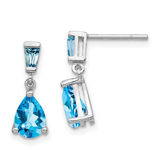 14K White/Yellow Gold Baguette 2 Stone Blue Topaz Earrings