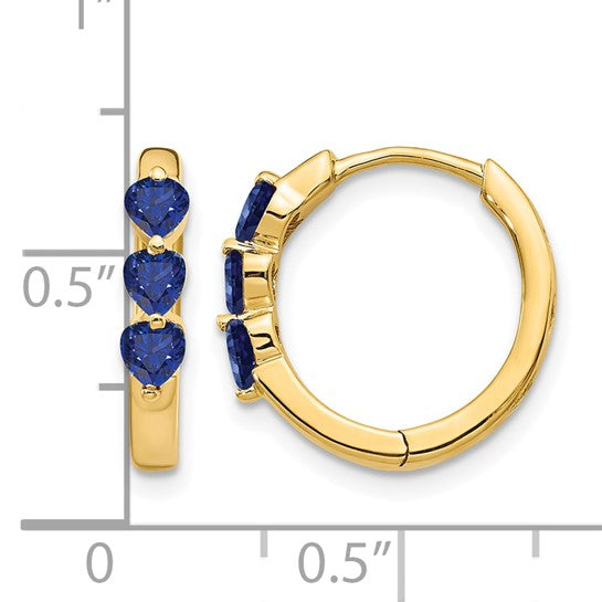 14K Yellow Gold Heart Lab Grown Sapphire Hoop Earrings