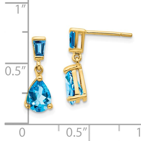14K White/Yellow Gold Baguette 2 Stone Blue Topaz Earrings